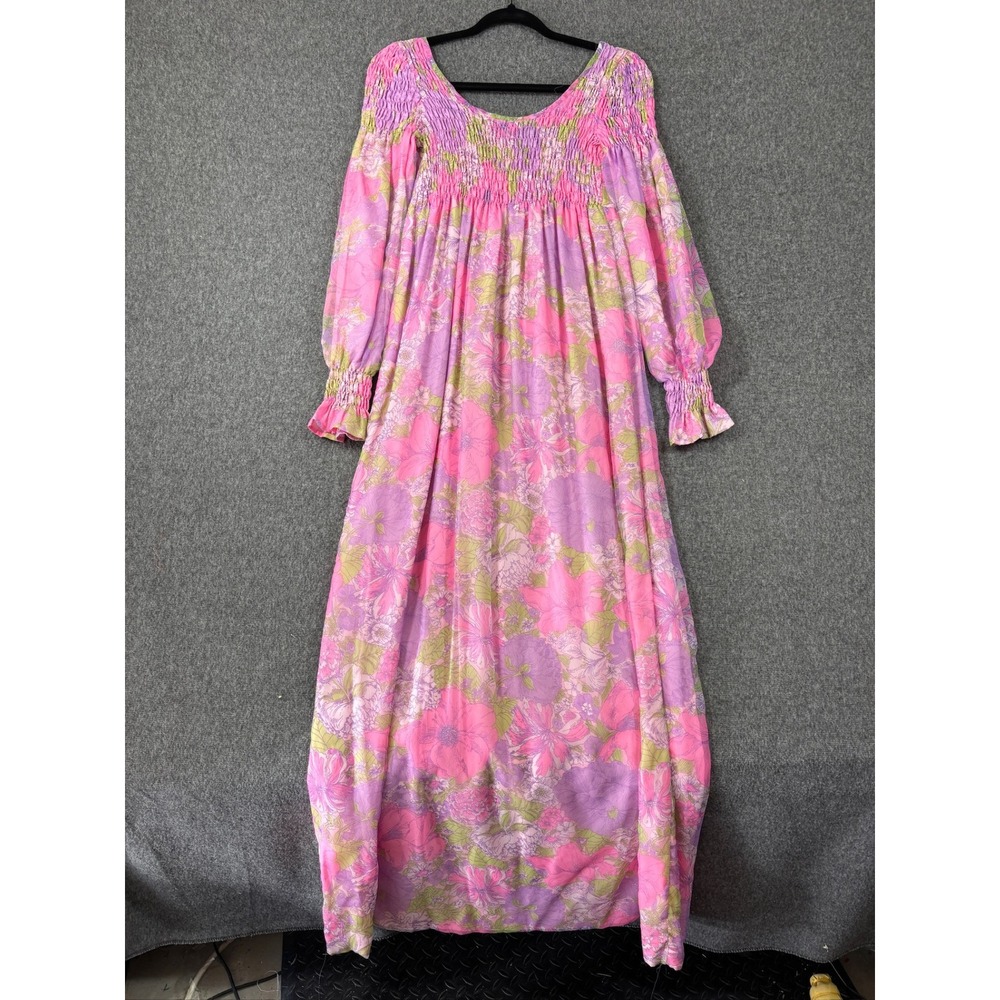 Vintage 70s Floral Smocked Maxi Dress Pink Purple Long Sleeve Boho‎ Empire Waist
